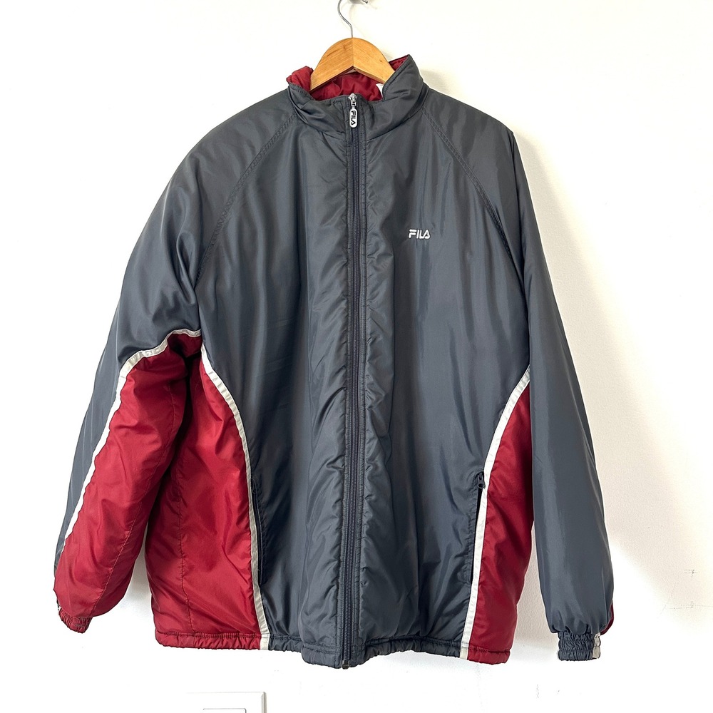 VTG 90s Y2K‎ Fila Coat XL Grey Red Colorblock Insulated Quilted Full Zip Puffer